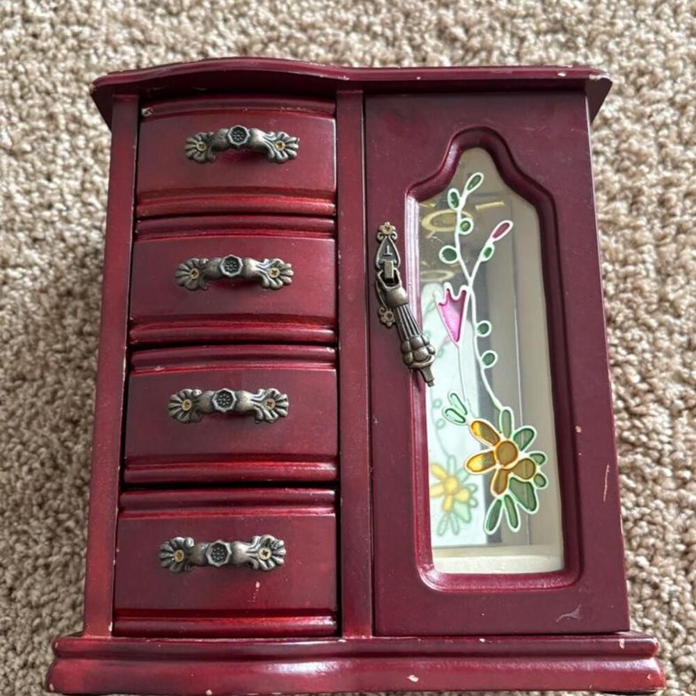 vintage cute little jewelry box with floral design on glass panel
